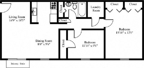 Floor plan for 2 beds, 1 bath, 900 sqft